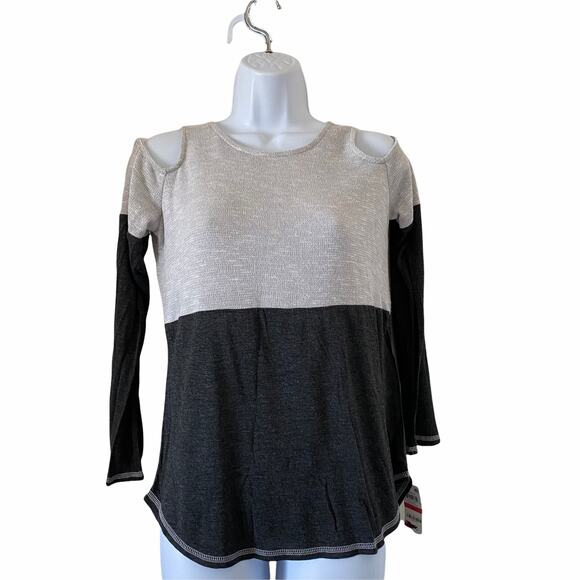 NWT INC Long Sleeve Cold Shoulder Top Gray & Black Color Block Size XS - Picture 1 of 9